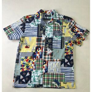 Roundtree & Yorke Mens Medium Nautical Patchwork Sailboat Marlin Camp Shirt